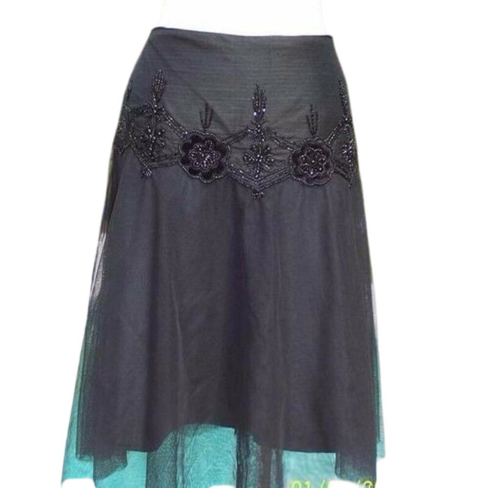 Cache Luxe Black Mesh Layer Bead Embellished New Event Office Skirt NWT $158